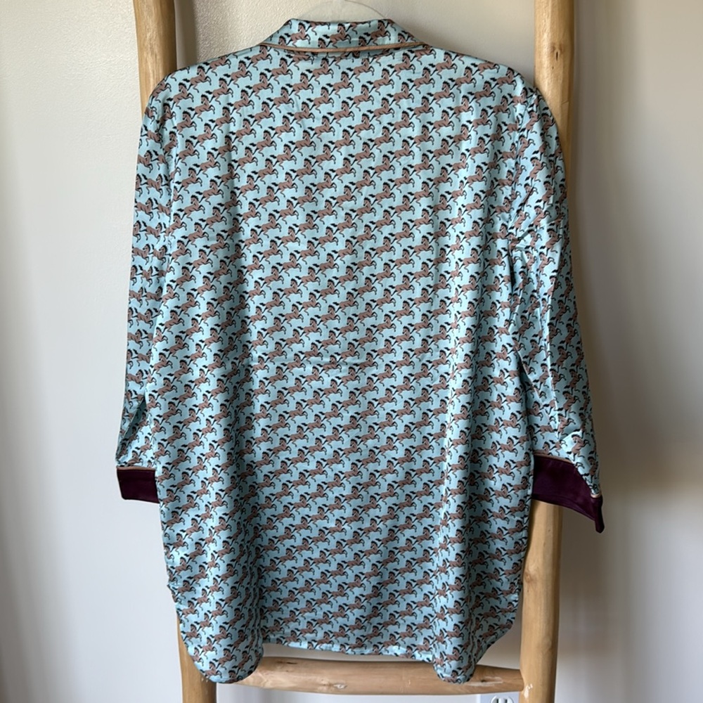 Ann Taylor Silky Horse Print Pajama Lightweight PJ Set Blue Brown Burgandy M NWT - Picture 9 of 16